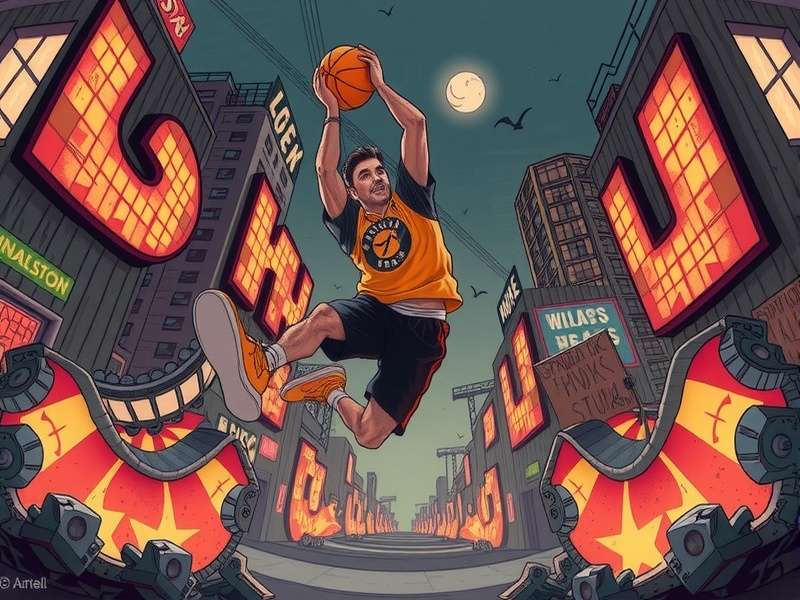 Dunk Slum Prodigy gameplay screenshot showing a player attempting a dunk over defenders in a slum court